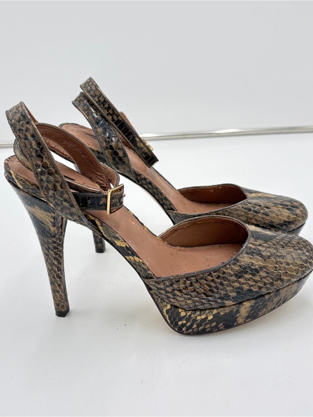 Vintage Ava & Aiden Stiletto Pumps Heels Snake Skin Platform Ankle Strap Size 9